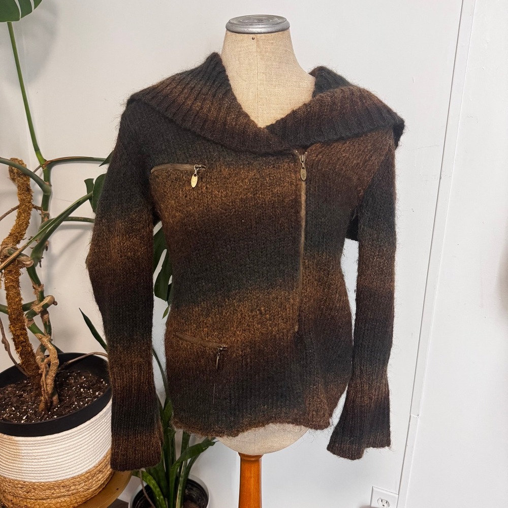 CoVelo Mohair Silk Zip Sweater Jacket Women Small Brown Ombre Moto Shawl Collar